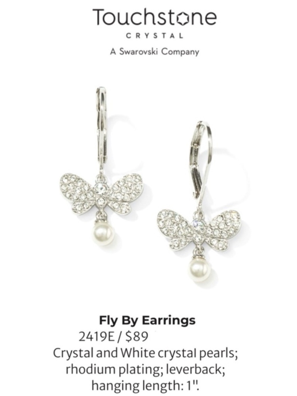 TSC by Swarovski white crystals & pearls Fly By earrings BNIB retail $89